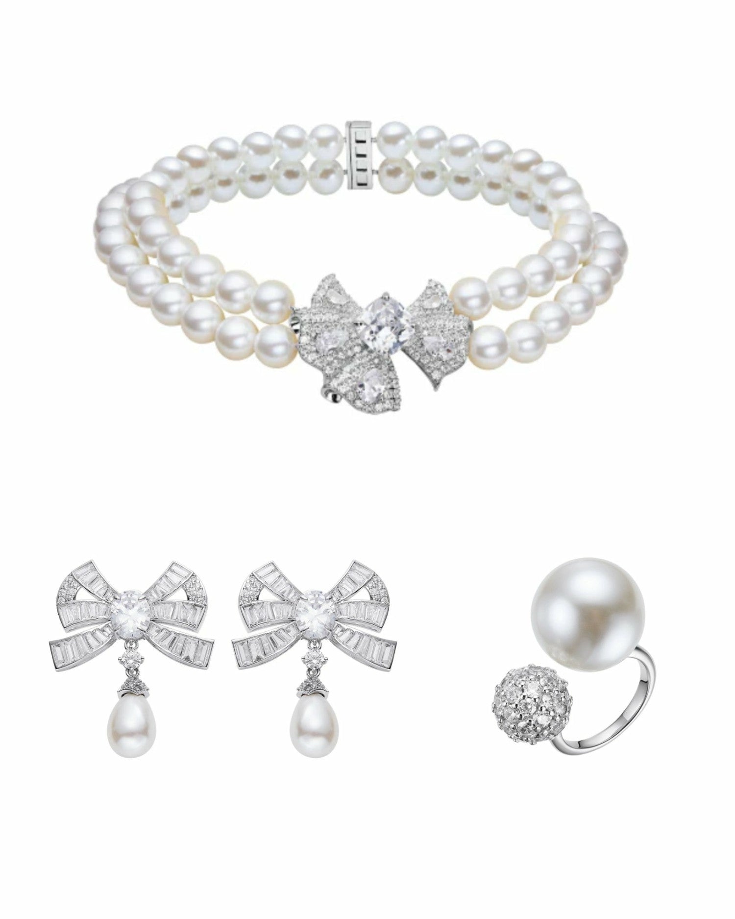 The Pearl & Diamonds Set: White Jewelry Set for Bridal Shower | Nana Jacqueline