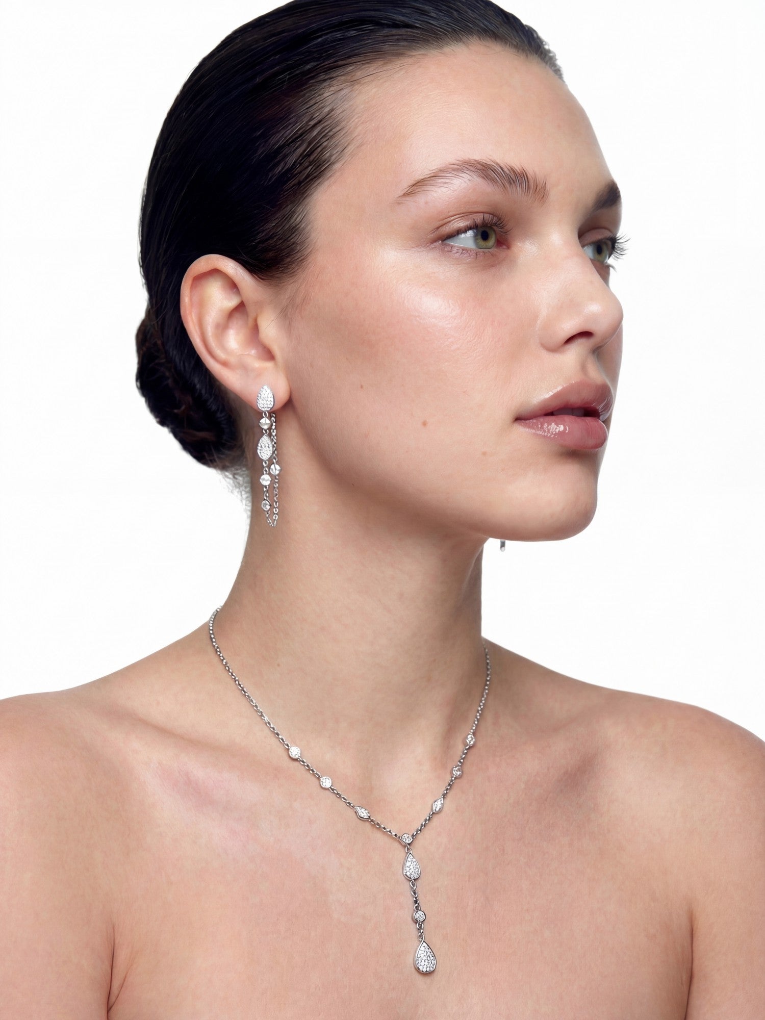 Ameline Pavé Crystal Drop Y-Chain Necklace | Nana Jacqueline