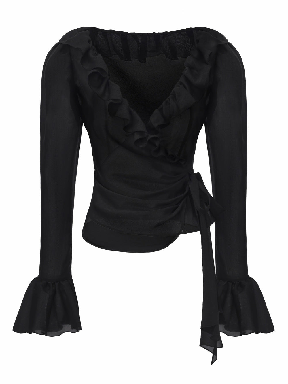 Charlotte Ruffle V-Neck Black Wrap Top | Nana Jacqueline